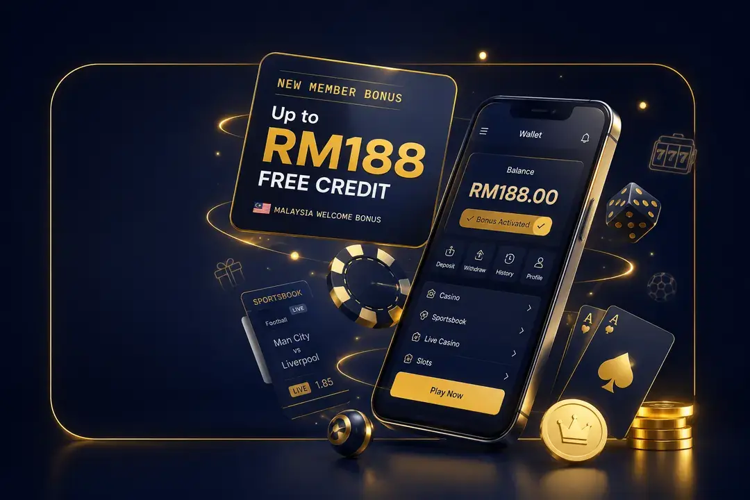 New Member Bonus up to RM188 free credit — mobile wallet balance, sportsbook odds and casino cards